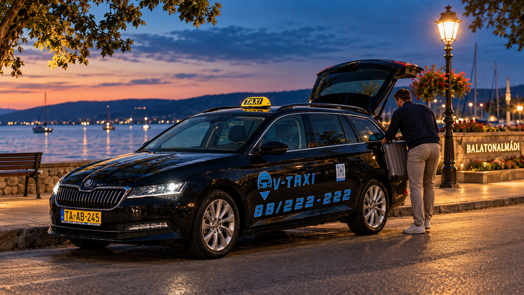 Taxi a balatonalmádi tópart mentén alkonyatkor