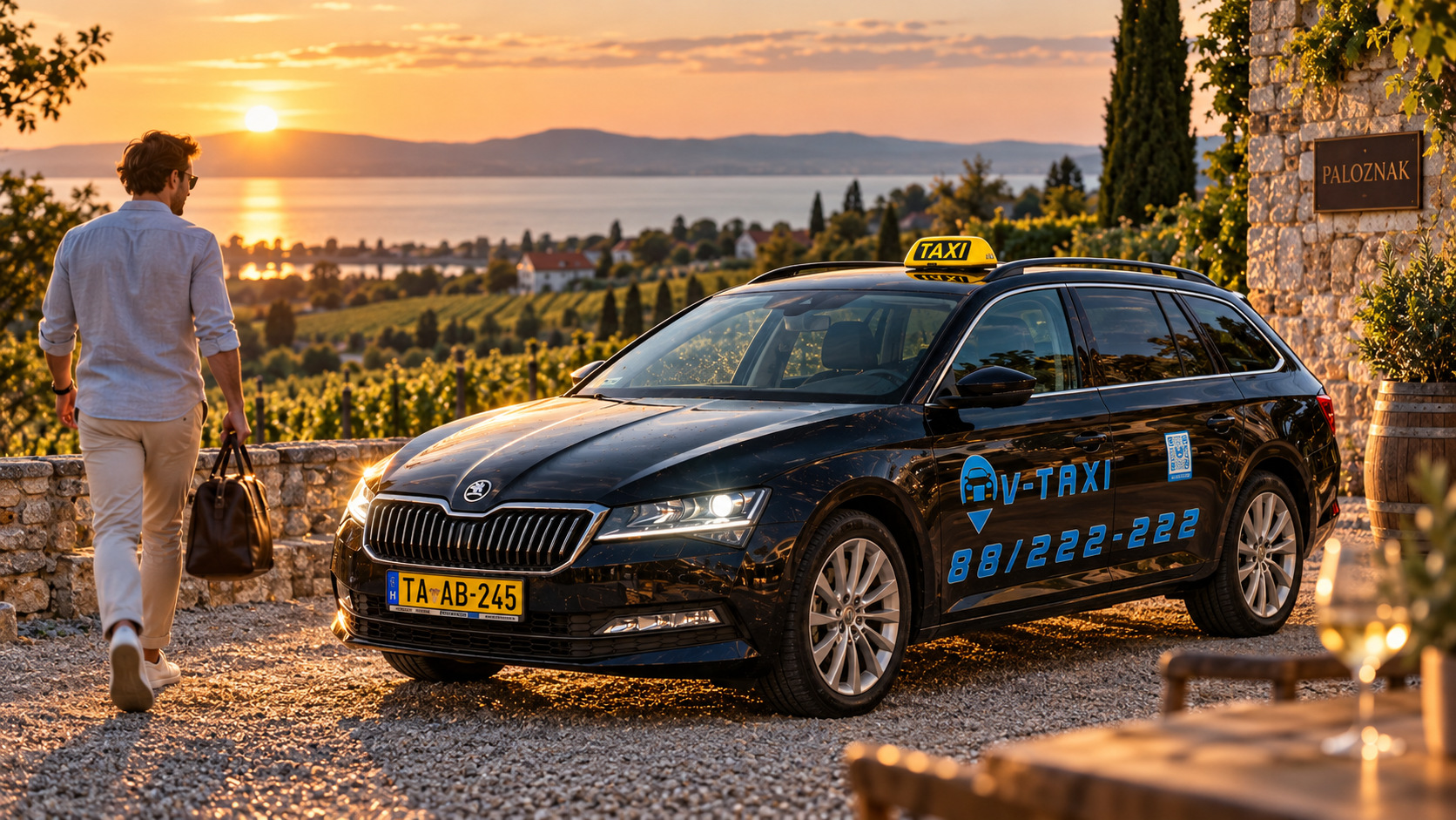 Taxi egy paloznaki szőlőhegyen, naplementekor
